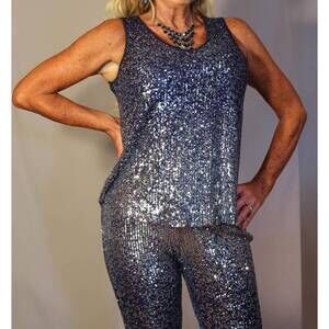 NEW WAY ombre sequin scoop neck tank in navy and silver